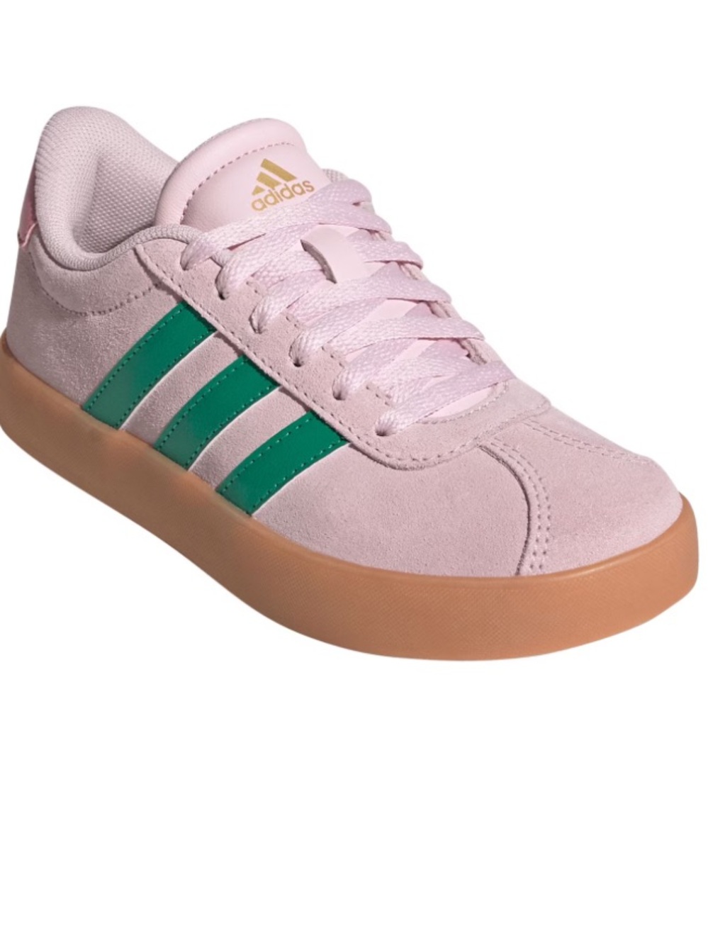 adidas Kids Pink Suede Sneaker with Green Stripes and Gum Sole